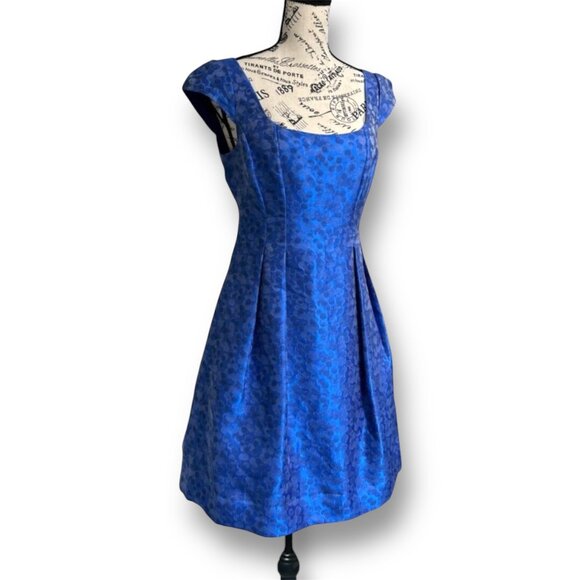 Kay Unger 6 Blue Satin Jacquard Pleated Knee Length Dress Wedding Guest Party - Picture 3 of 8